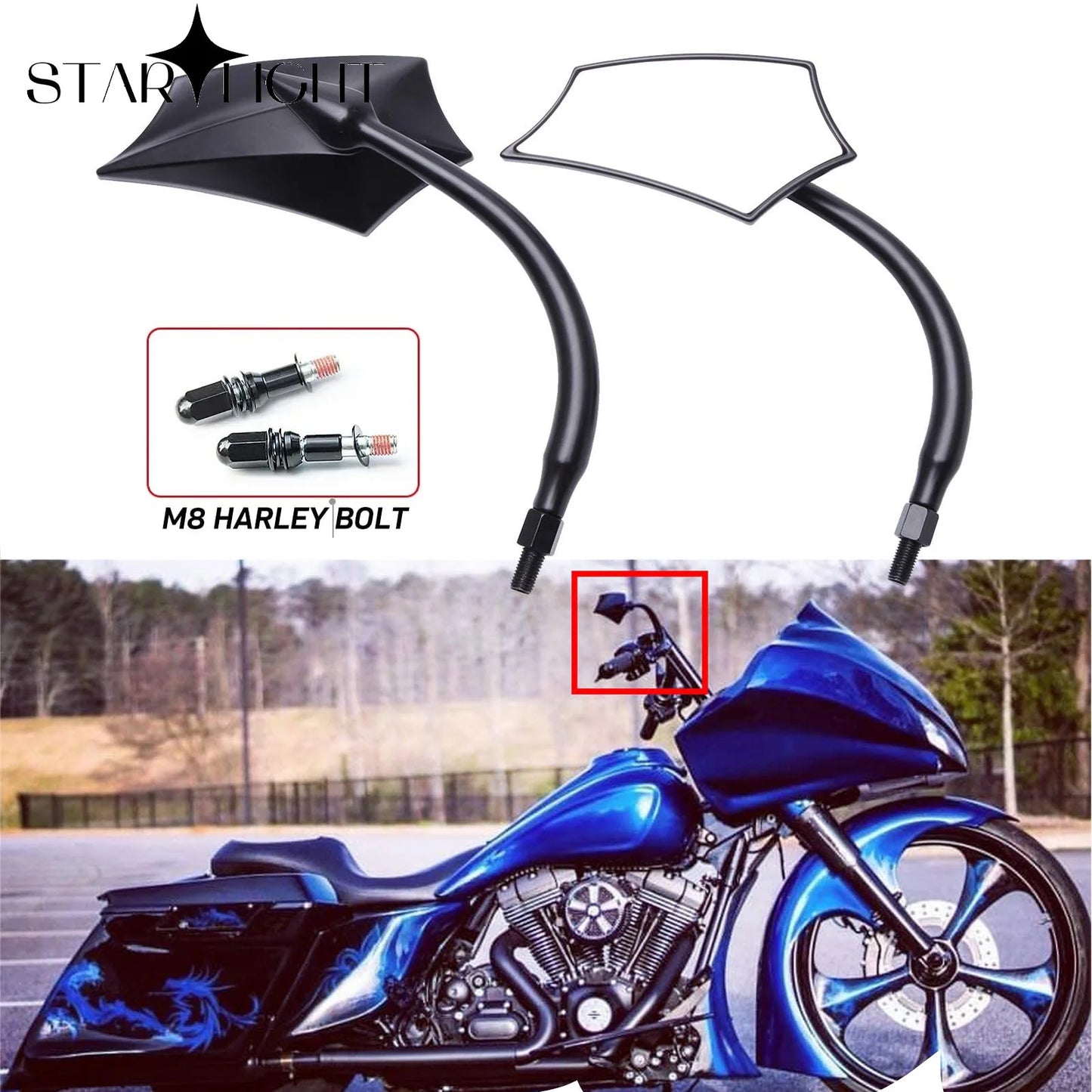 Voodoo Cycle House Custom Black Mirrors For Harley Dyna Bobber Chopper Sportster Old School Touring