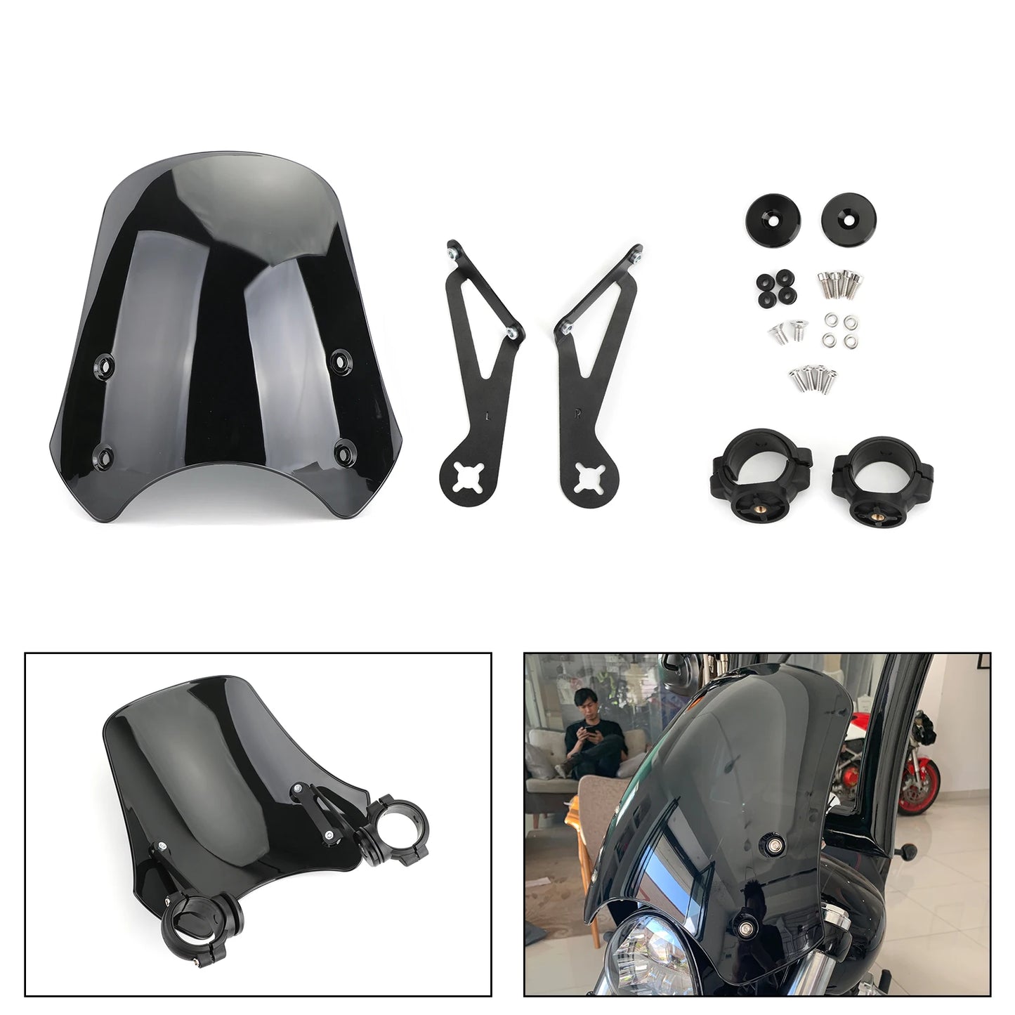 VOODOO CYCLE HOUSE ABS Motorcycle Windscreen Windshield for Harley Dyna Softail Models Black