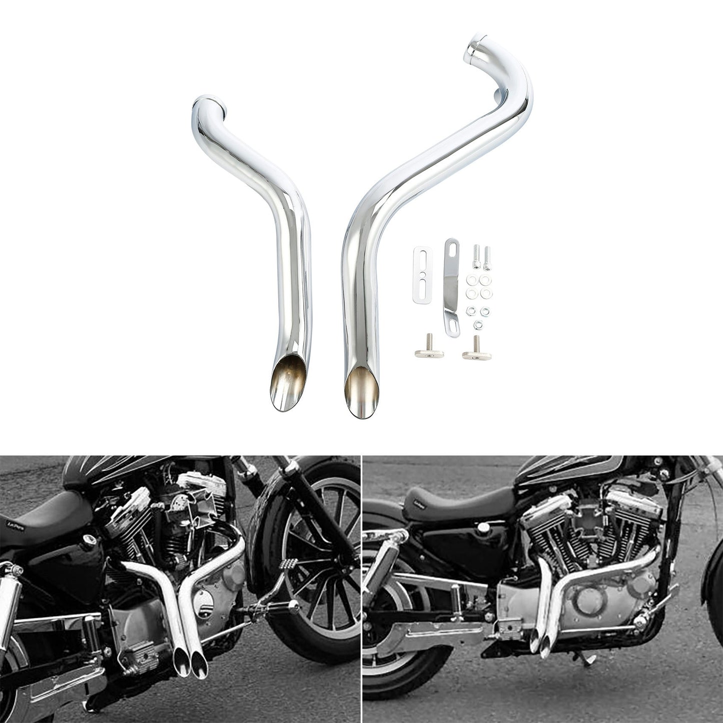 Voodoo Cycle House Custom Motorcycle 1.75" Chrome / Black Exhaust Drag Pipes For Harley-Davidson Sportster XL 883 1200 Softail Dyna Touring 1984-UP & Custom Applications